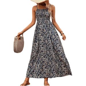 imageMakeMeChic Womens Floral Print Shirred Cami Dress Spaghetti Strap Sleeveless High Waist Flare Long DressBlue B