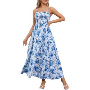 imageMakeMeChic Womens Floral Print Shirred Cami Dress Spaghetti Strap Sleeveless High Waist Flare Long DressBlue a