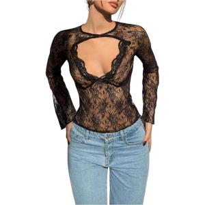 imageMakeMeChic Womens Lace Sheer Top Y2k Bell Sleeve Cut Out T Shirt Fitted Crop TopsBlack B