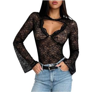 imageMakeMeChic Womens Lace Sheer Top Y2k Bell Sleeve Cut Out T Shirt Fitted Crop TopsBlack Lace B