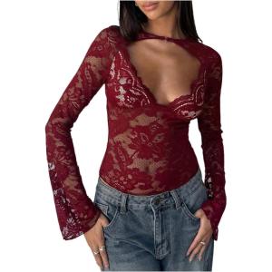 imageMakeMeChic Womens Lace Sheer Top Y2k Bell Sleeve Cut Out T Shirt Fitted Crop TopsBurgundy Red