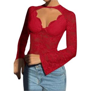 imageMakeMeChic Womens Lace Sheer Top Y2k Bell Sleeve Cut Out T Shirt Fitted Crop TopsRed