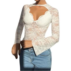 imageMakeMeChic Womens Lace Sheer Top Y2k Bell Sleeve Cut Out T Shirt Fitted Crop TopsWhite