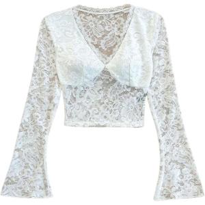 imageMakeMeChic Womens Lace Sheer Top Y2k Bell Sleeve Cut Out T Shirt Fitted Crop TopsWhite Lace