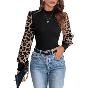imageMakeMeChic Womens Leopard Print Long Sleeve Mock Neck Slim Fit Blouse Casual Shirt TopsBlack