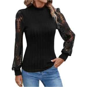 imageMakeMeChic Womens Leopard Print Long Sleeve Mock Neck Slim Fit Blouse Casual Shirt TopsBlack Solid