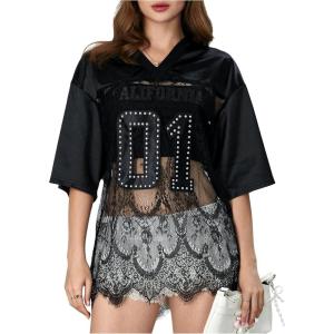 imageMakeMeChic Womens Letter Graphic Floral Lace Sheer V Neck Tee Top Half Sleeve Oversized Y2K Jersey TopBlack