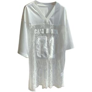 imageMakeMeChic Womens Letter Graphic Floral Lace Sheer V Neck Tee Top Half Sleeve Oversized Y2K Jersey TopWhite