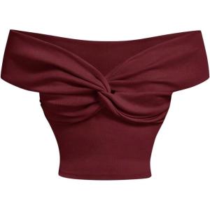 imageMakeMeChic Womens Off The Shoulder Tops Twist Front Going Out Tops Y2k Asymmetrical Crop TopsBurgundy