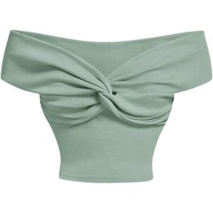 imageMakeMeChic Womens Off The Shoulder Tops Twist Front Going Out Tops Y2k Asymmetrical Crop TopsGreen