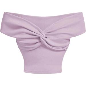 imageMakeMeChic Womens Off The Shoulder Tops Twist Front Going Out Tops Y2k Asymmetrical Crop TopsLilac Purple