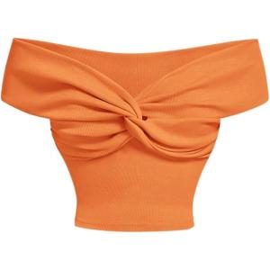 imageMakeMeChic Womens Off The Shoulder Tops Twist Front Going Out Tops Y2k Asymmetrical Crop TopsOrange