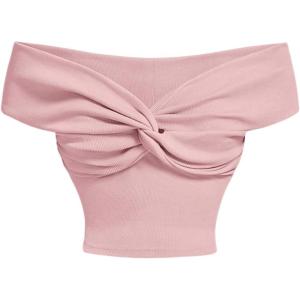 imageMakeMeChic Womens Off The Shoulder Tops Twist Front Going Out Tops Y2k Asymmetrical Crop TopsPink