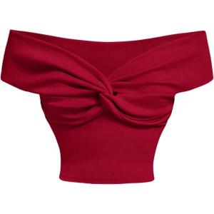 imageMakeMeChic Womens Off The Shoulder Tops Twist Front Going Out Tops Y2k Asymmetrical Crop TopsRed