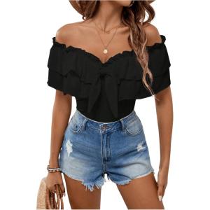 imageMakeMeChic Womens Short Sleeve Off Shoulder Tie Front Ruffle Layer Tee Shirts TopsBlack