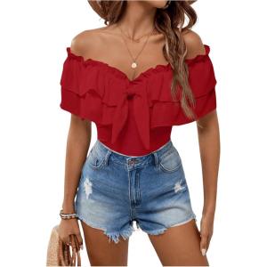 imageMakeMeChic Womens Short Sleeve Off Shoulder Tie Front Ruffle Layer Tee Shirts TopsRed