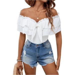 imageMakeMeChic Womens Short Sleeve Off Shoulder Tie Front Ruffle Layer Tee Shirts TopsWhite