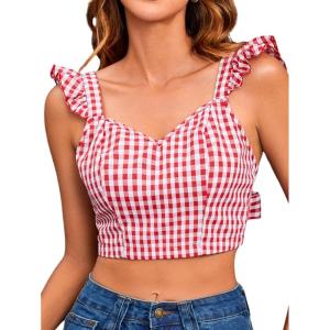 imageMakeMeChic Womens Y2K Red Gingham Tops Backless Checkered Top Sweetheart Neck Ruffle Cap Sleeve Crop Top ShirtsRed and White