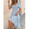 imageMakeMeChic Womens Allover Floral Print Puff Short Sleeve Midi Summer Dress Ruffle Square Neck High Waist A Line DressBlue and White