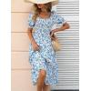 imageMakeMeChic Womens Allover Floral Print Puff Short Sleeve Midi Summer Dress Ruffle Square Neck High Waist A Line DressBlue and White