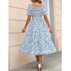 imageMakeMeChic Womens Allover Floral Print Puff Short Sleeve Midi Summer Dress Ruffle Square Neck High Waist A Line DressBlue and White