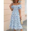 imageMakeMeChic Womens Allover Floral Print Puff Short Sleeve Midi Summer Dress Ruffle Square Neck High Waist A Line DressBlue and White