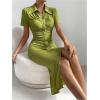 imageMakeMeChic Womens Casual Ruched Short Sleeve Collared Neck Button Down Bodycon Long Midi DressesOlive Green