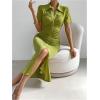 imageMakeMeChic Womens Casual Ruched Short Sleeve Collared Neck Button Down Bodycon Long Midi DressesOlive Green