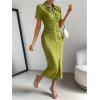 imageMakeMeChic Womens Casual Ruched Short Sleeve Collared Neck Button Down Bodycon Long Midi DressesOlive Green