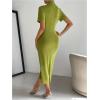 imageMakeMeChic Womens Casual Ruched Short Sleeve Collared Neck Button Down Bodycon Long Midi DressesOlive Green