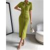 imageMakeMeChic Womens Casual Ruched Short Sleeve Collared Neck Button Down Bodycon Long Midi DressesOlive Green
