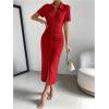 imageMakeMeChic Womens Casual Ruched Short Sleeve Collared Neck Button Down Bodycon Long Midi DressesRose Red