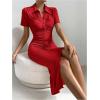 imageMakeMeChic Womens Casual Ruched Short Sleeve Collared Neck Button Down Bodycon Long Midi DressesRose Red