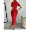 imageMakeMeChic Womens Casual Ruched Short Sleeve Collared Neck Button Down Bodycon Long Midi DressesRose Red