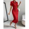 imageMakeMeChic Womens Casual Ruched Short Sleeve Collared Neck Button Down Bodycon Long Midi DressesRose Red