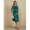 imageMakeMeChic Womens Elegant Tie Dye Mesh Ruched Long Sleeve Round Neck Bodycon Midi Long DressesGreen