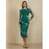 imageMakeMeChic Womens Elegant Tie Dye Mesh Ruched Long Sleeve Round Neck Bodycon Midi Long DressesGreen