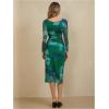 imageMakeMeChic Womens Elegant Tie Dye Mesh Ruched Long Sleeve Round Neck Bodycon Midi Long DressesGreen