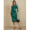 imageMakeMeChic Womens Elegant Tie Dye Mesh Ruched Long Sleeve Round Neck Bodycon Midi Long DressesGreen