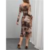imageMakeMeChic Womens Elegant Tie Dye Mesh Ruched Long Sleeve Round Neck Bodycon Midi Long DressesMocha Brown