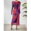 imageMakeMeChic Womens Elegant Tie Dye Mesh Ruched Long Sleeve Round Neck Bodycon Midi Long DressesRed
