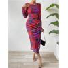 imageMakeMeChic Womens Elegant Tie Dye Mesh Ruched Long Sleeve Round Neck Bodycon Midi Long DressesRed