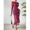 imageMakeMeChic Womens Elegant Tie Dye Mesh Ruched Long Sleeve Round Neck Bodycon Midi Long DressesRed