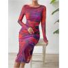 imageMakeMeChic Womens Elegant Tie Dye Mesh Ruched Long Sleeve Round Neck Bodycon Midi Long DressesRed
