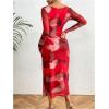 imageMakeMeChic Womens Elegant Tie Dye Mesh Ruched Long Sleeve Round Neck Bodycon Midi Long DressesRed a