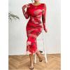 imageMakeMeChic Womens Elegant Tie Dye Mesh Ruched Long Sleeve Round Neck Bodycon Midi Long DressesRed a