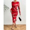 imageMakeMeChic Womens Elegant Tie Dye Mesh Ruched Long Sleeve Round Neck Bodycon Midi Long DressesRed a