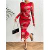 imageMakeMeChic Womens Elegant Tie Dye Mesh Ruched Long Sleeve Round Neck Bodycon Midi Long DressesRed a