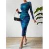 imageMakeMeChic Womens Elegant Tie Dye Mesh Ruched Long Sleeve Round Neck Bodycon Midi Long DressesRoyal Blue