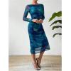 imageMakeMeChic Womens Elegant Tie Dye Mesh Ruched Long Sleeve Round Neck Bodycon Midi Long DressesRoyal Blue